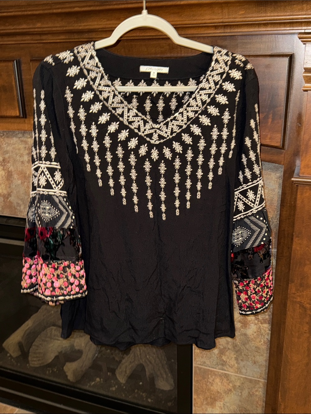 Black embroidered boho 3/4 sleeve top velvet burnout floral bell sleeves M